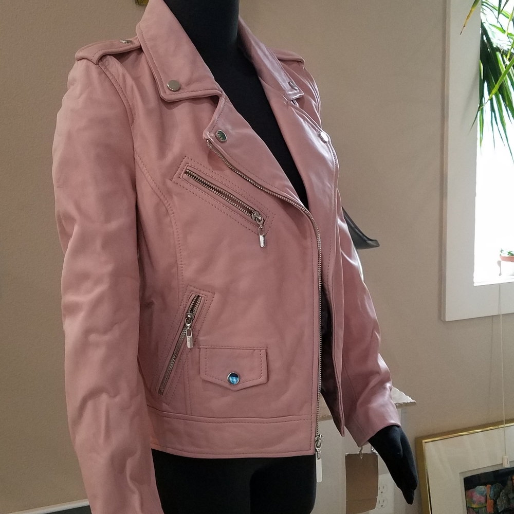 Wilsons Luxe Leather Moto Jacket Vintage Style Dusty Pink Silver Tone Hdwr S NWT - Picture 9 of 14
